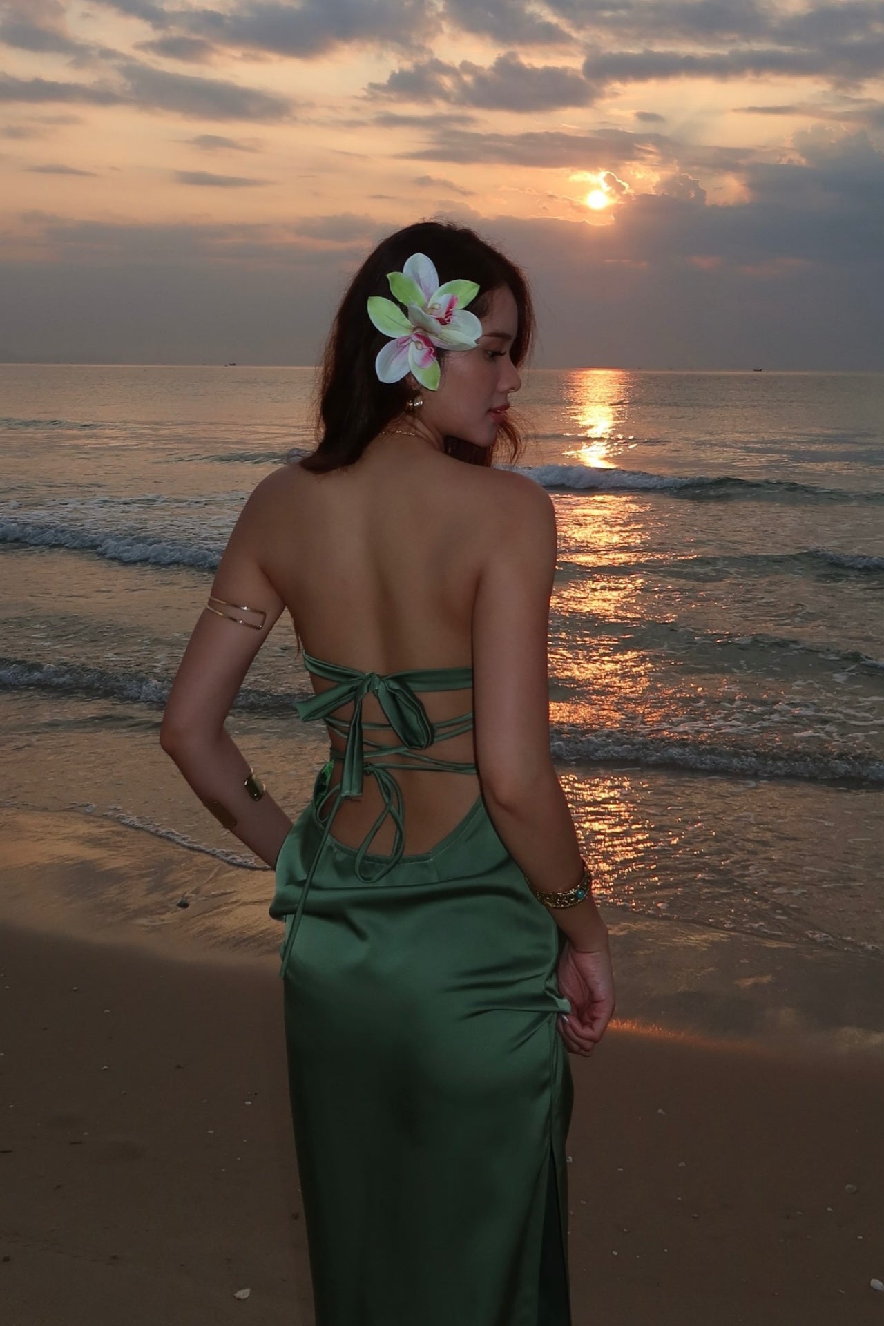Sage Green Strapless Backless Slit Satin Dress