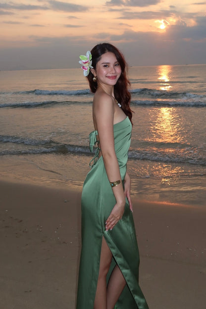 Sage Green Strapless Backless Slit Satin Dress