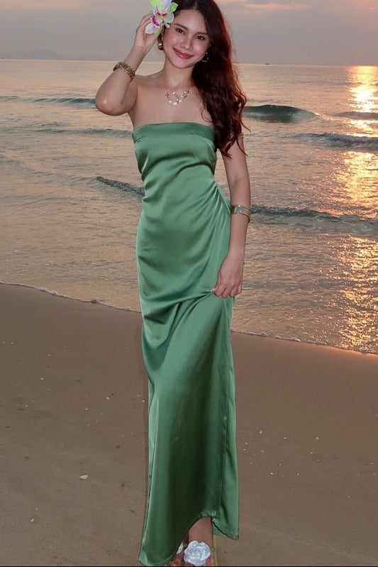 Sage Green Strapless Backless Slit Satin Dress