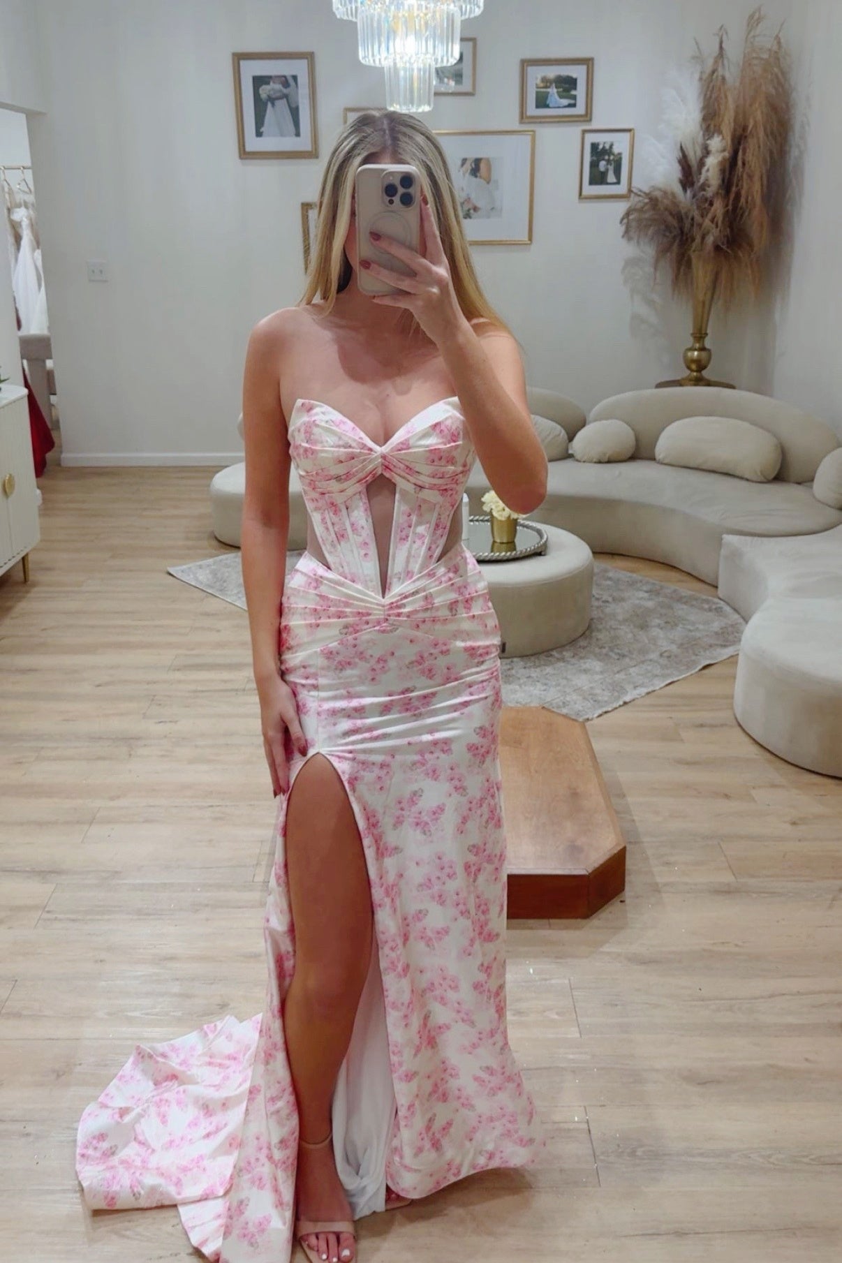 Pink Floral Sweetheart Cut-Out Mermaid Gown