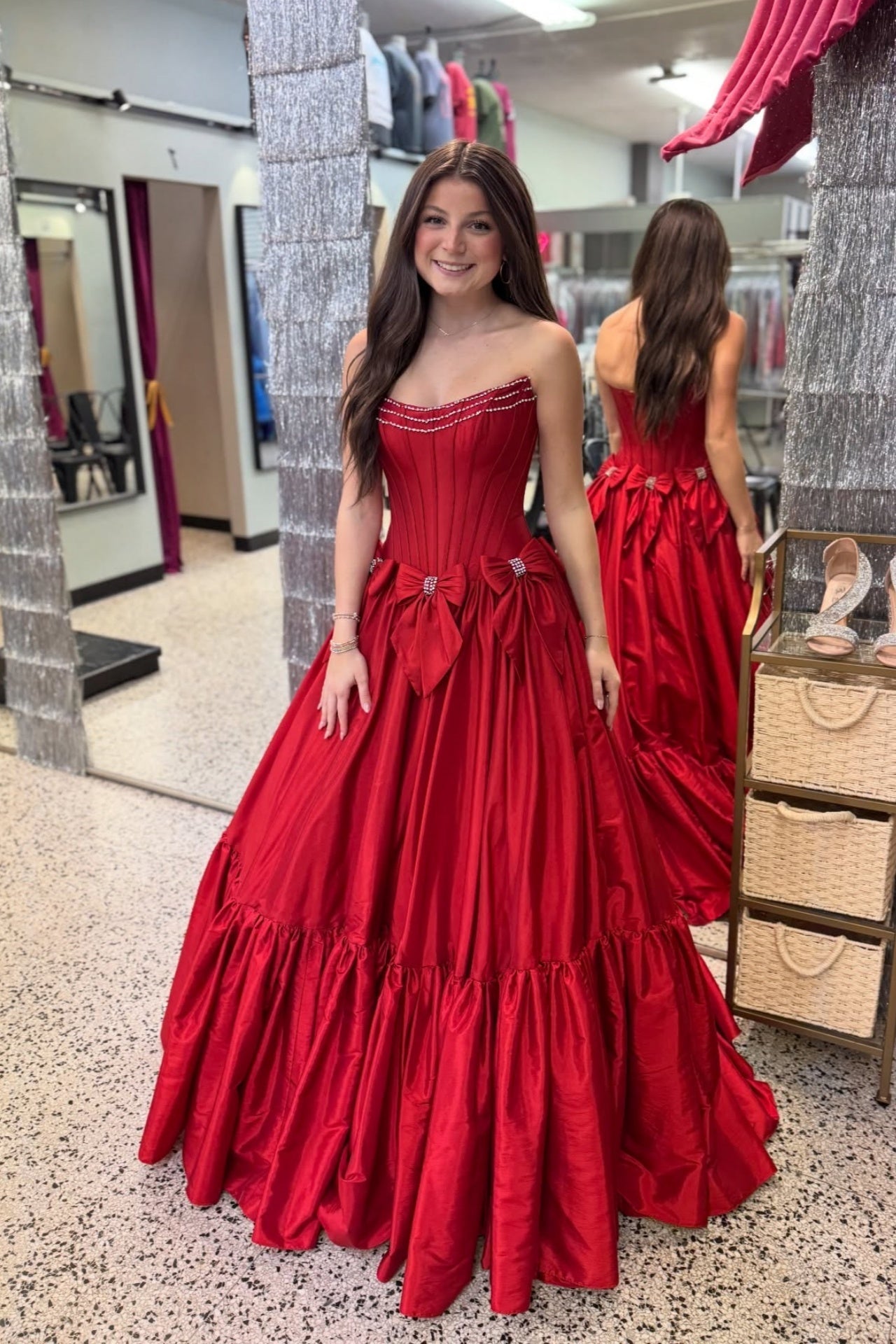 Strapless Red A-line Dress with Bows