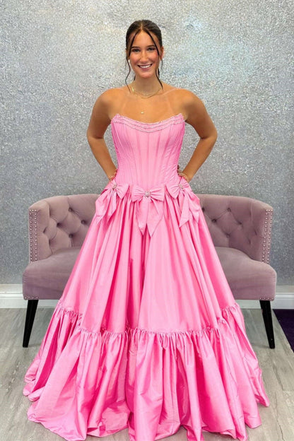 Strapless Red A-line Dress with Bows