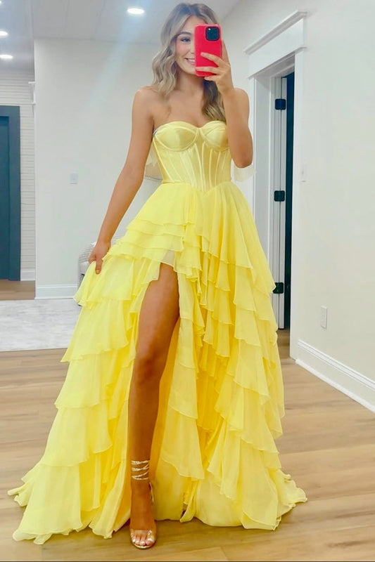 Yellow Corset Sweetheart Slit A-line Ruffle Formal Dress