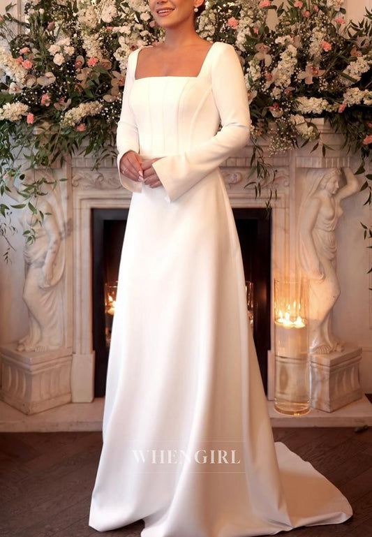 A-Line Satin Long Sleeves Simple Square Neck Wedding Dress with Sweep Train