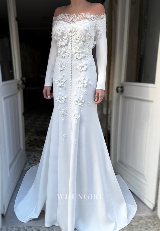 Off the Shoulder 3D Appliques Long Sleeves Mermaid Wedding Dress with Sweep Train
