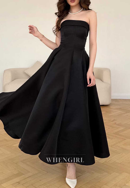 Black Strapless Satin A-Line Maxi Formal Cocktail Dress