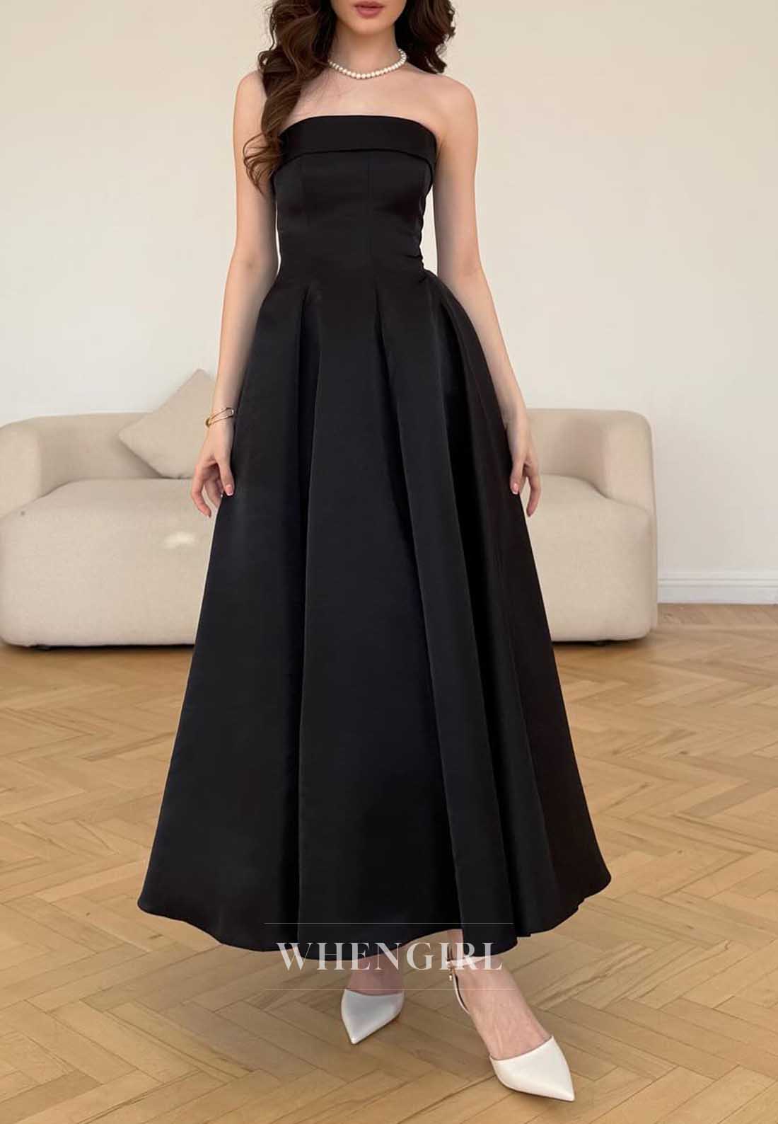 Black Strapless Satin A-Line Maxi Formal Cocktail Dress