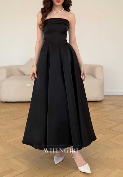 Black Strapless Satin A-Line Maxi Formal Cocktail Dress