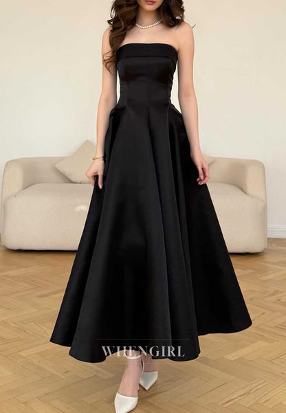 Black Strapless Satin A-Line Maxi Formal Cocktail Dress