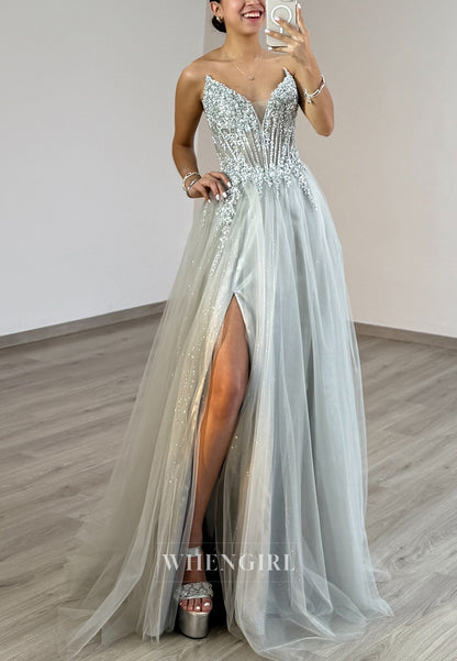 Silver Side Slit V-Neck Tie Back Prom Dress A-Line Beaded Strapless Tulle Evening Gown