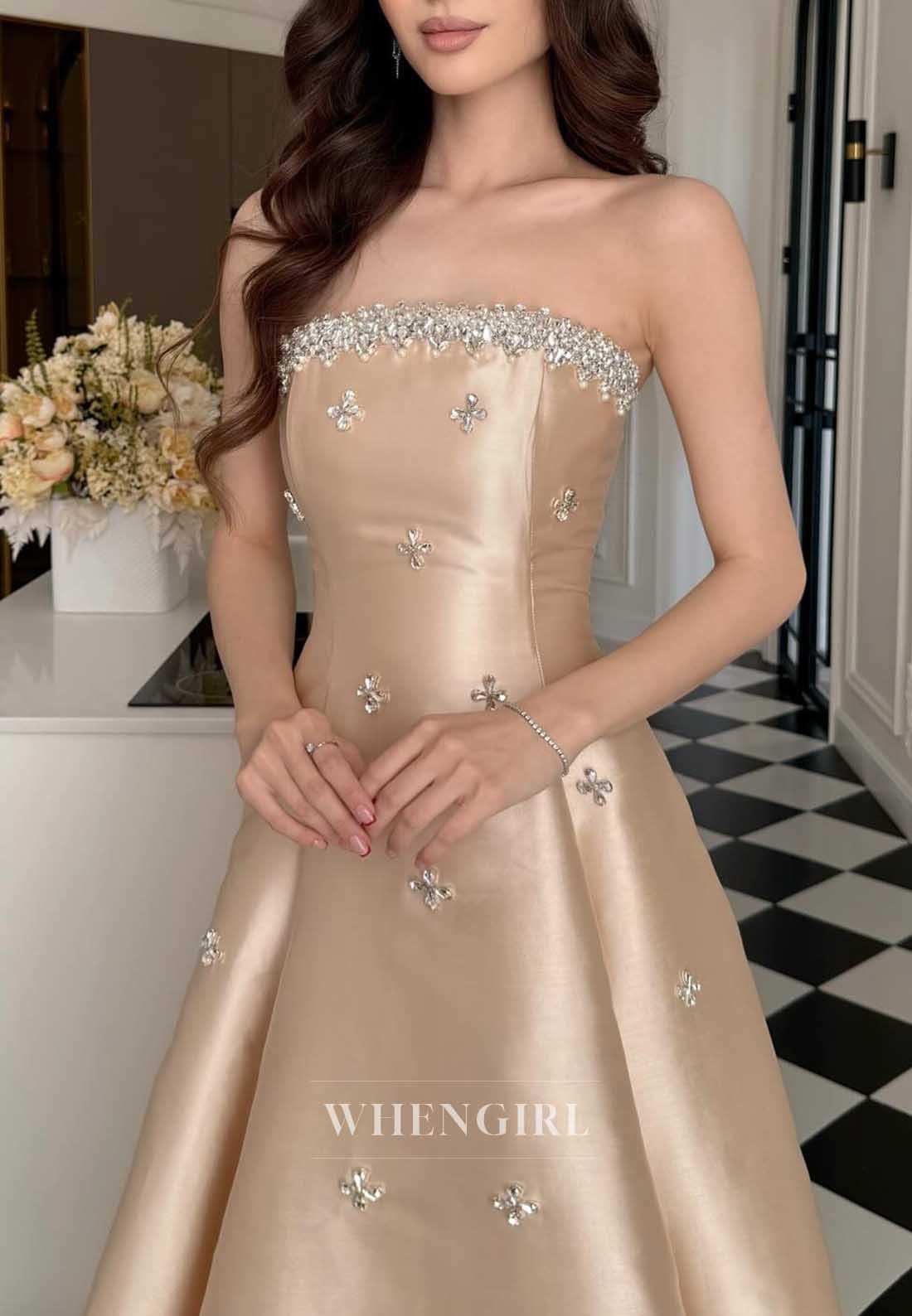Champagne Strapless Satin Beaded A-Line Formal Cocktail Dress