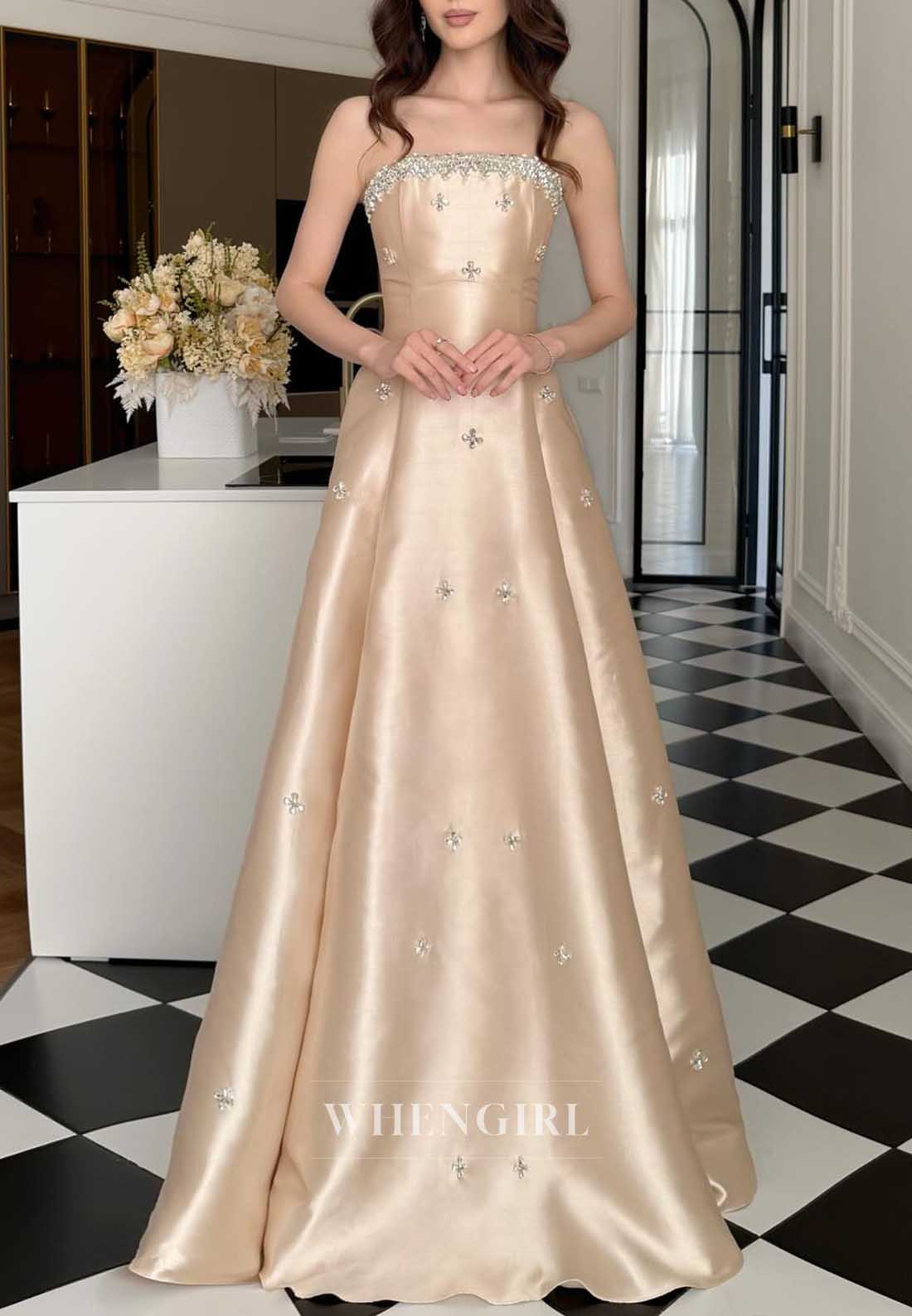 Champagne Strapless Satin Beaded A-Line Formal Cocktail Dress