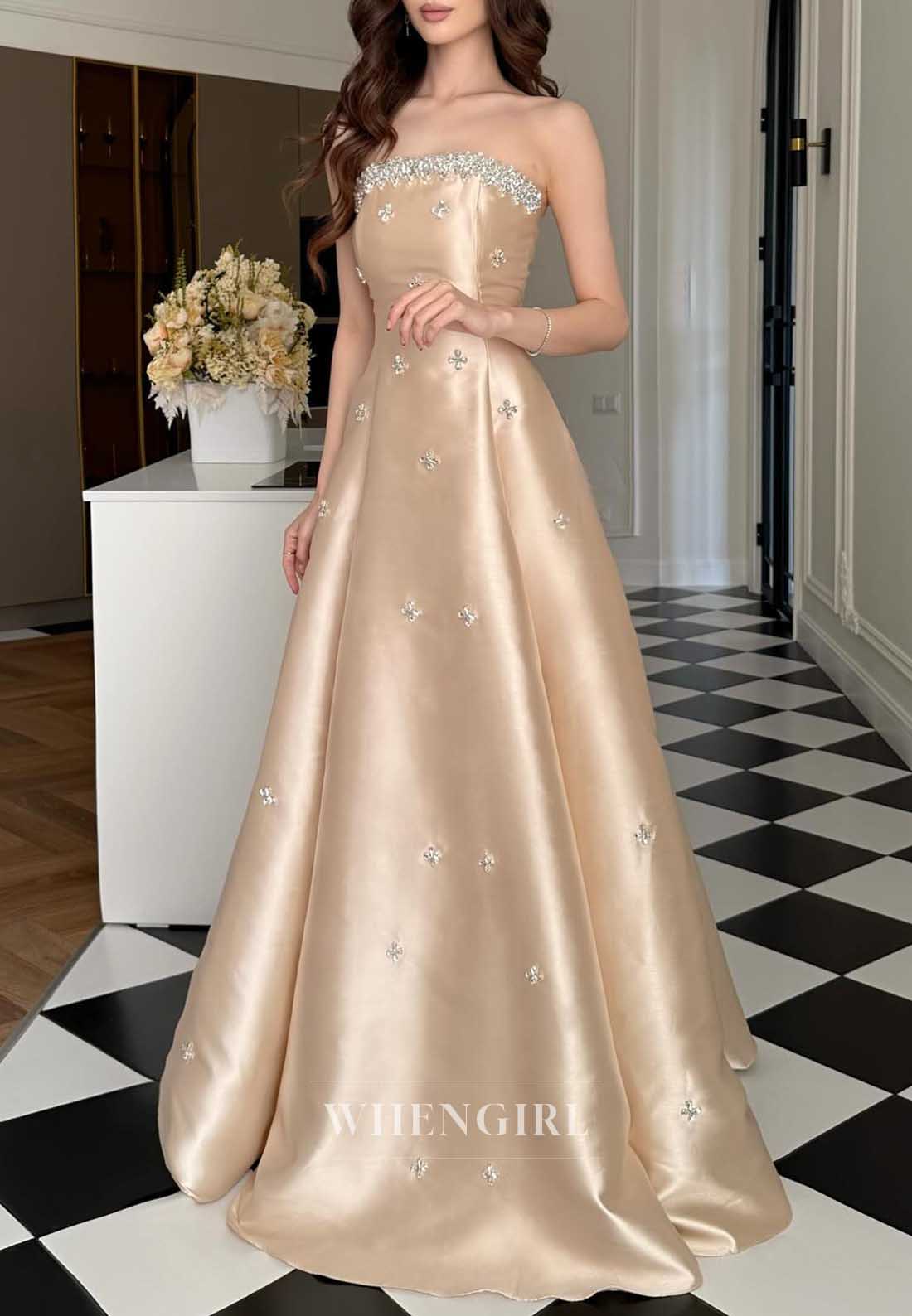 Champagne Strapless Satin Beaded A-Line Formal Cocktail Dress