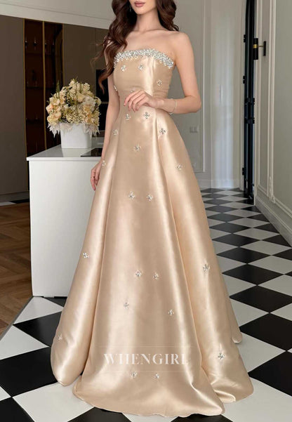 Champagne Strapless Satin Beaded A-Line Formal Cocktail Dress