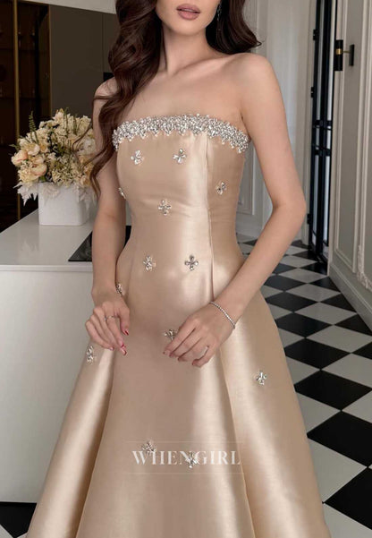 Champagne Strapless Satin Beaded A-Line Formal Cocktail Dress