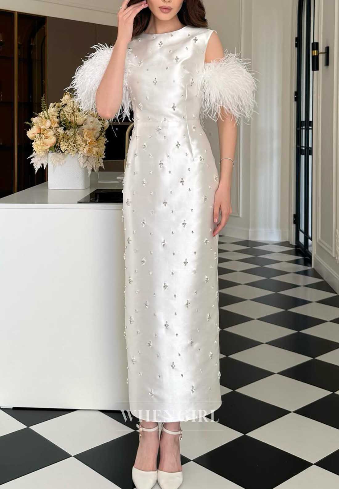 White Sleeveless Feather Cuff Rhinestone Midi Bodycon Cocktail Dress