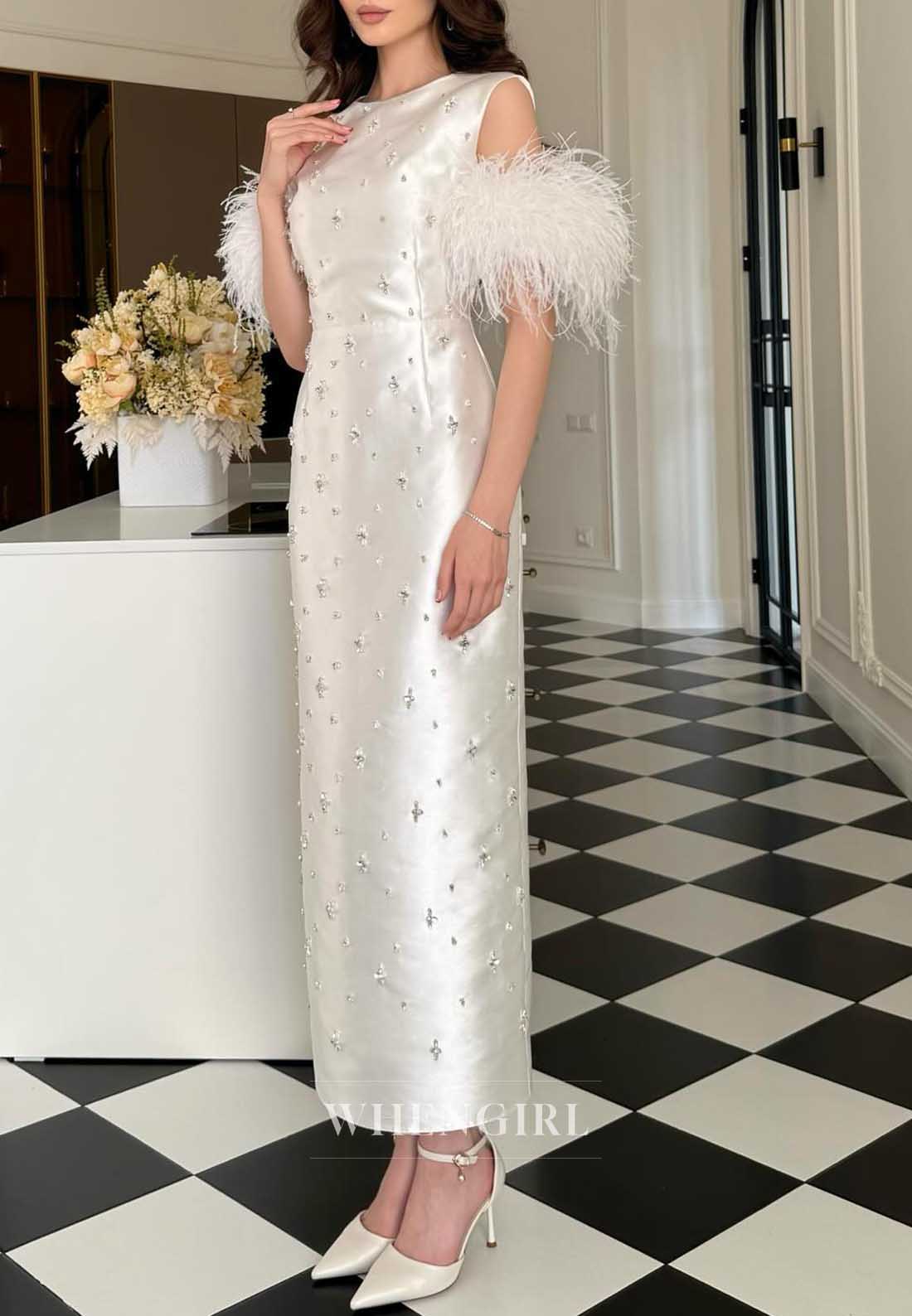 White Sleeveless Feather Cuff Rhinestone Midi Bodycon Cocktail Dress