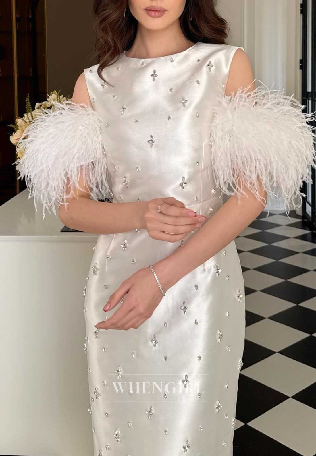 White Sleeveless Feather Cuff Rhinestone Midi Bodycon Cocktail Dress