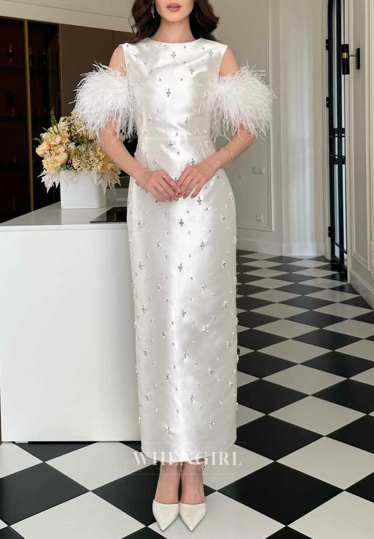 White Sleeveless Feather Cuff Rhinestone Midi Bodycon Cocktail Dress