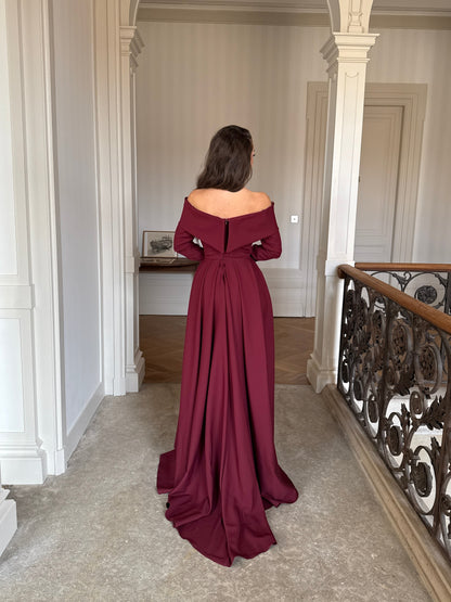 Burgundy Long Sleeves Off SHoulder Evening Formal Gwon with Train