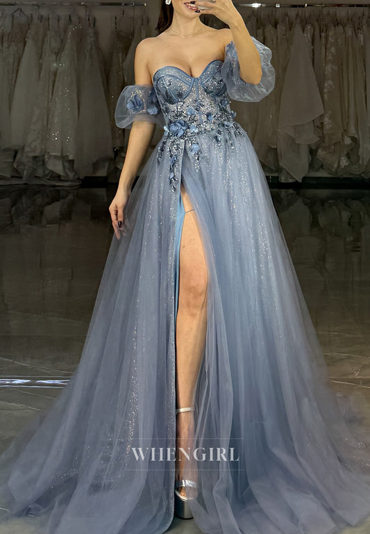 Slate Blue Sweetheart Off Shoulder Prom Dress Flower Embroidery Side Slit A-Line Evening Gown