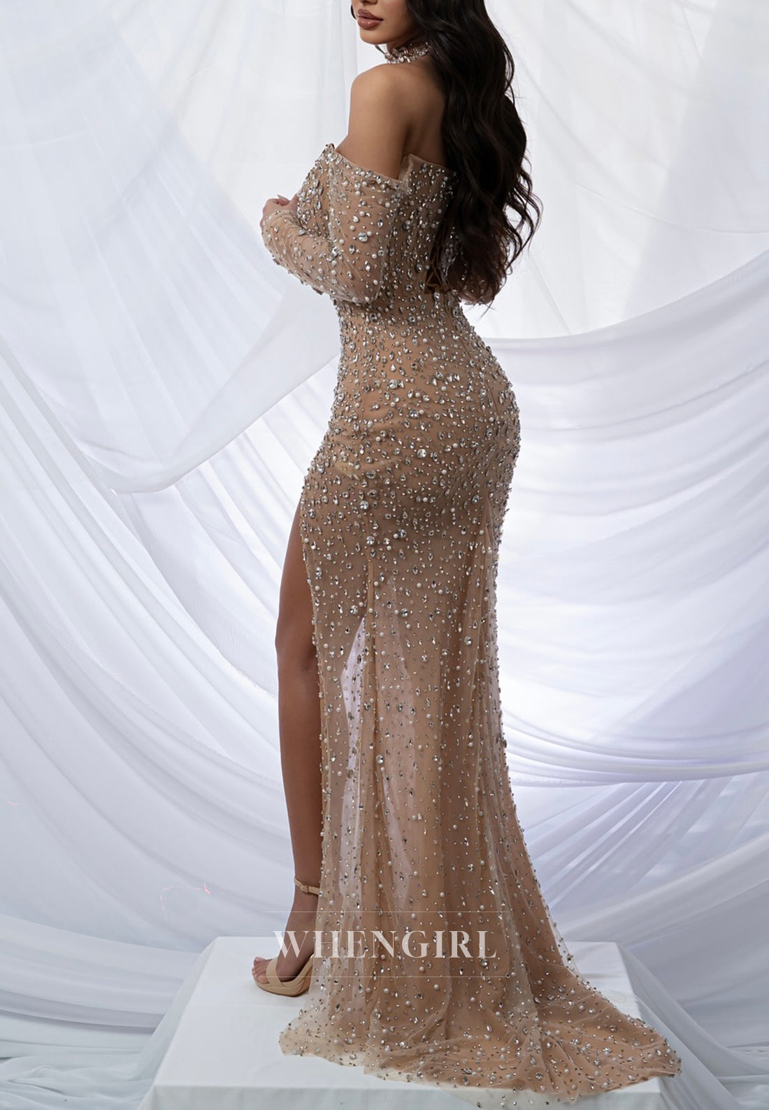 Sand Off Shoulder Beaded Side Slit Sweep Train Sheath Formal Evening Dress with Long Sleeves