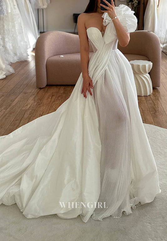 A-Line Sweetheart Sleeveless One Shoulder Wedding Dresses with Court Train