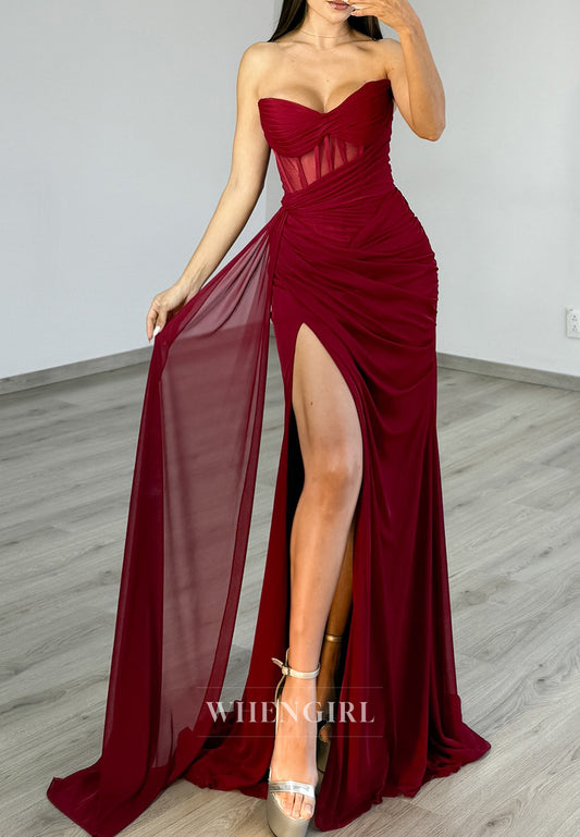 Burgundy Sleeveless V-Neck Prom Dress Side Slit Mermaid Formal Evening Gown with Side Train