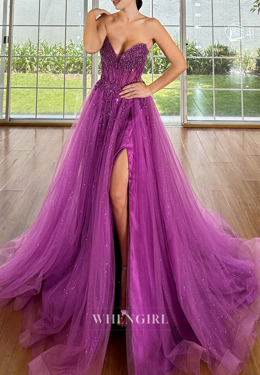 Fuchsia Beaded Sweet Heart Tulle A-Line Formal Evening Dress with Side Slit and Sweep Train
