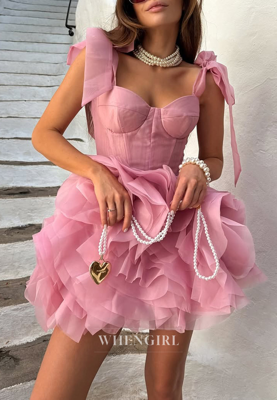 Pink A-Line Bowknot Tulle Sleeveless Short Homecoming Dress