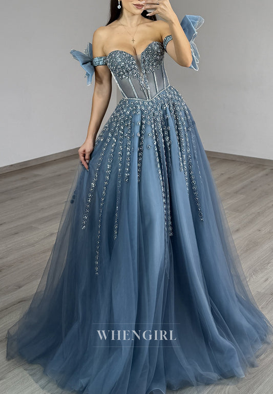 A-Line Sweetheart Slate Blue Sweep Train Bowknot Off Shoulder Beaded Prom Evening Dress