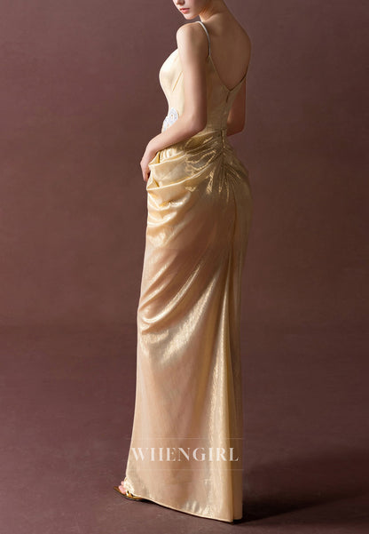 Gold Spaghetti Straps V Back Zipper Pleated Side Slit Sheath Formal Evening Gown