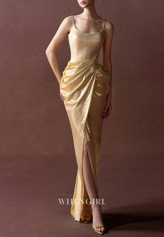 Gold Spaghetti Straps V Back Zipper Pleated Side Slit Sheath Formal Evening Gown