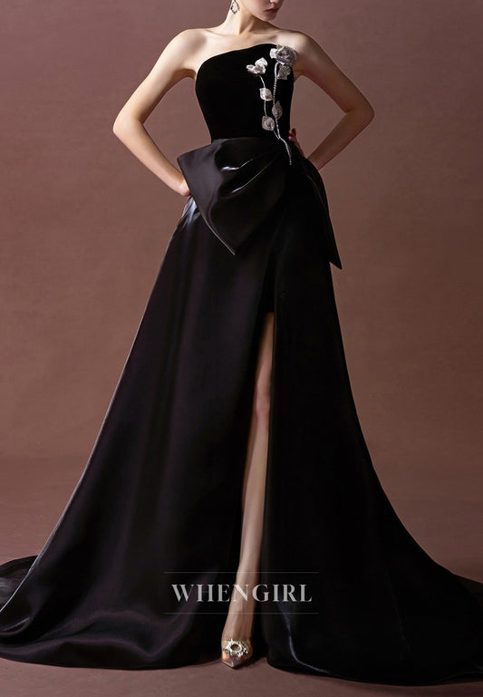 A-Line Black Strapless Side Slit 3D Flower Bowknot Formal Evening Gown with Court Train