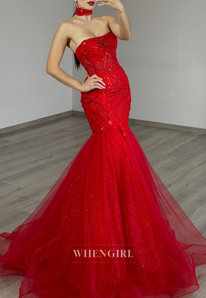 Red Strapless Beaded Sleeveless Prom Dress Tulle Mermaid Evening Gown
