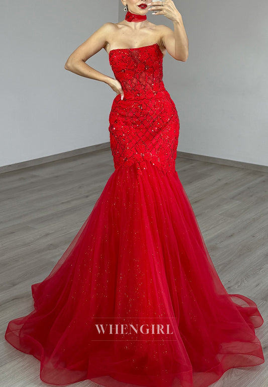 Red Strapless Beaded Sleeveless Prom Dress Tulle Mermaid Evening Gown