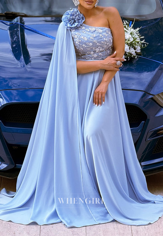 Sky Blue One Shoulder Sleeveless Beads Flower Sweep Train A-Line Formal Evening Gown