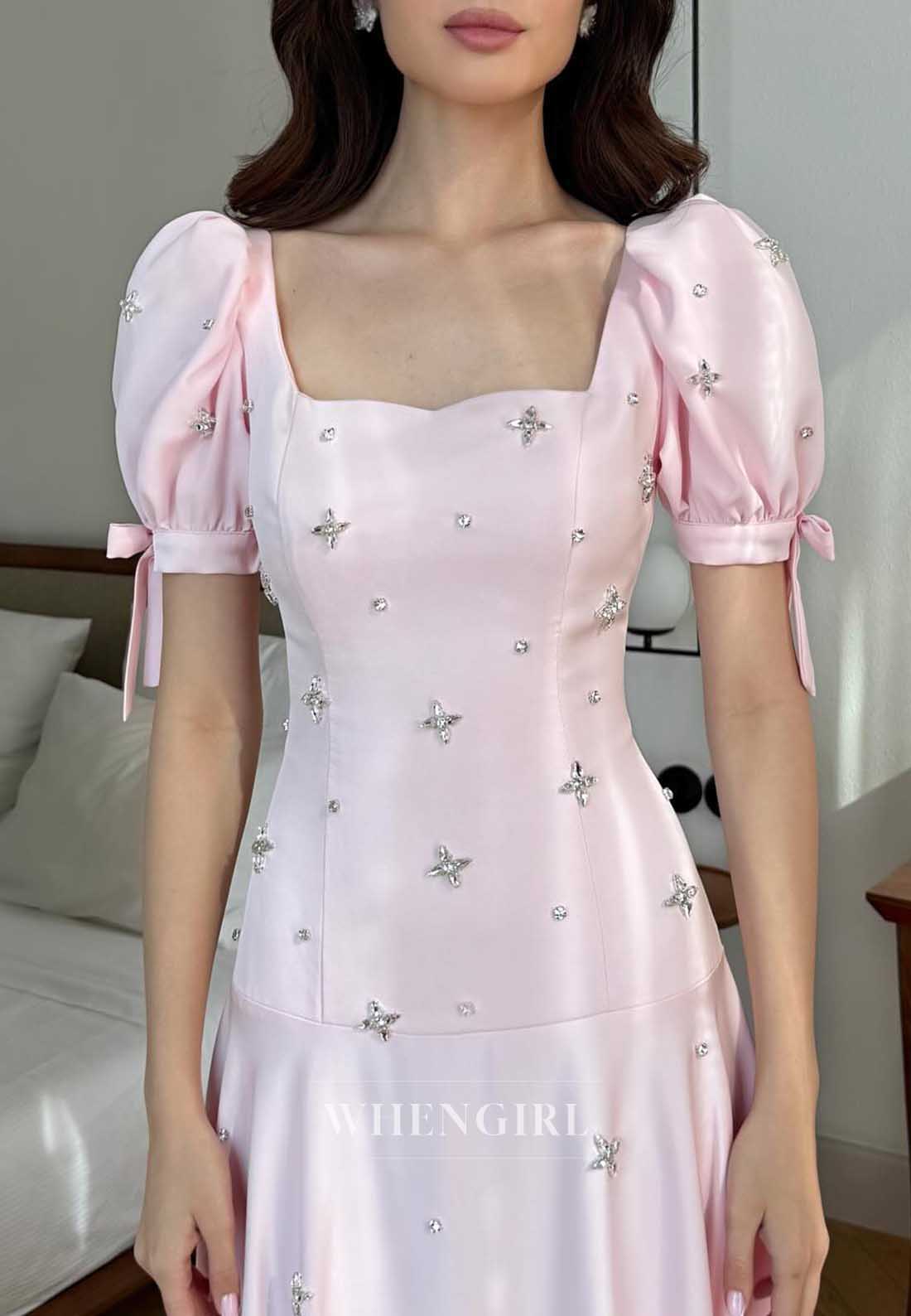 Pink Satin Square Neck Puff Sleeve Rhinestone Embellished A‑Line Cocktail Dress