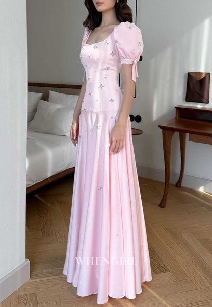 Pink Satin Square Neck Puff Sleeve Rhinestone Embellished A‑Line Cocktail Dress