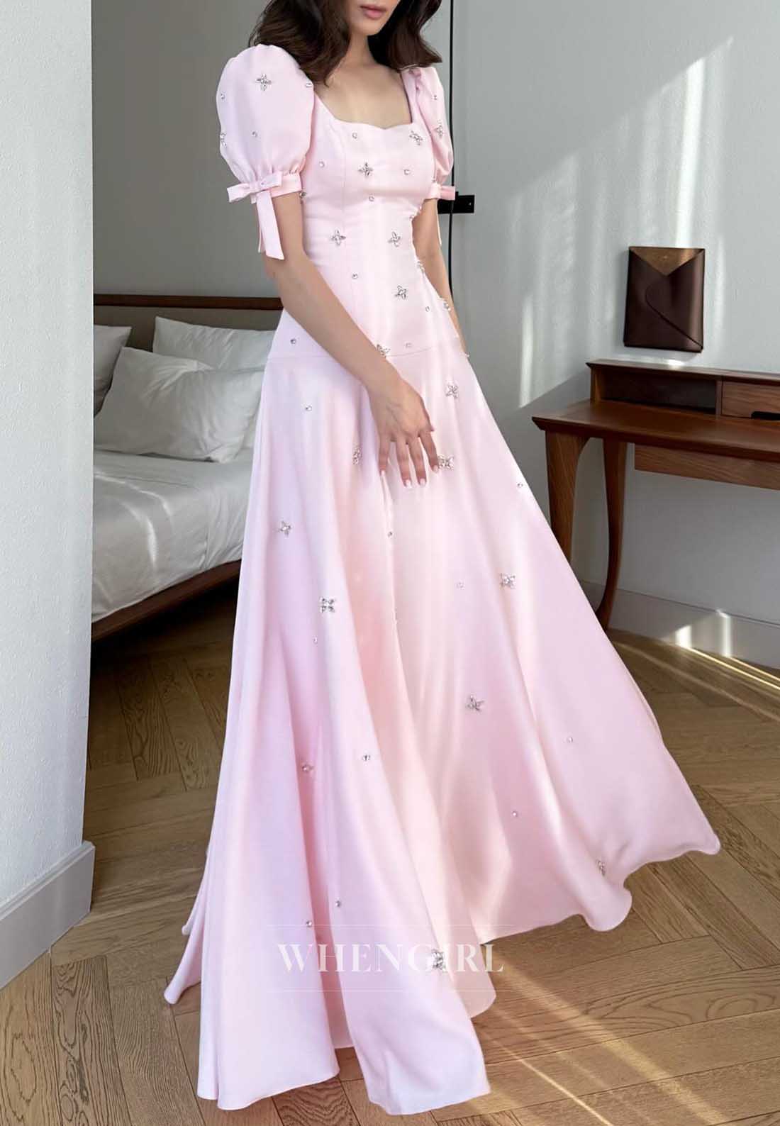 Pink Satin Square Neck Puff Sleeve Rhinestone Embellished A‑Line Cocktail Dress