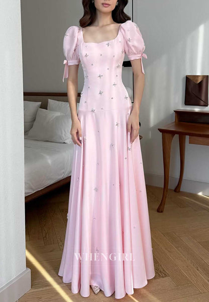 Pink Satin Square Neck Puff Sleeve Rhinestone Embellished A‑Line Cocktail Dress