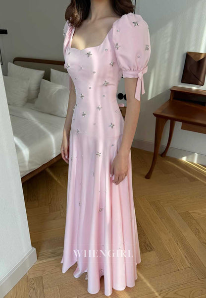Pink Satin Square Neck Puff Sleeve Rhinestone Embellished A‑Line Cocktail Dress