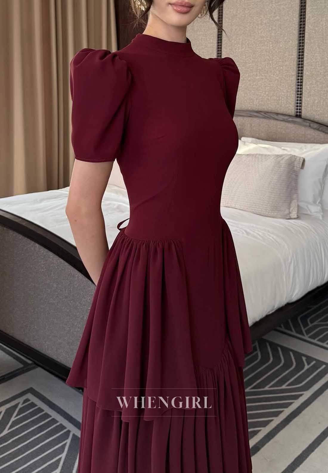 Burgundy Puff Sleeve High Neck Tiered Maxi Cocktail Dress
