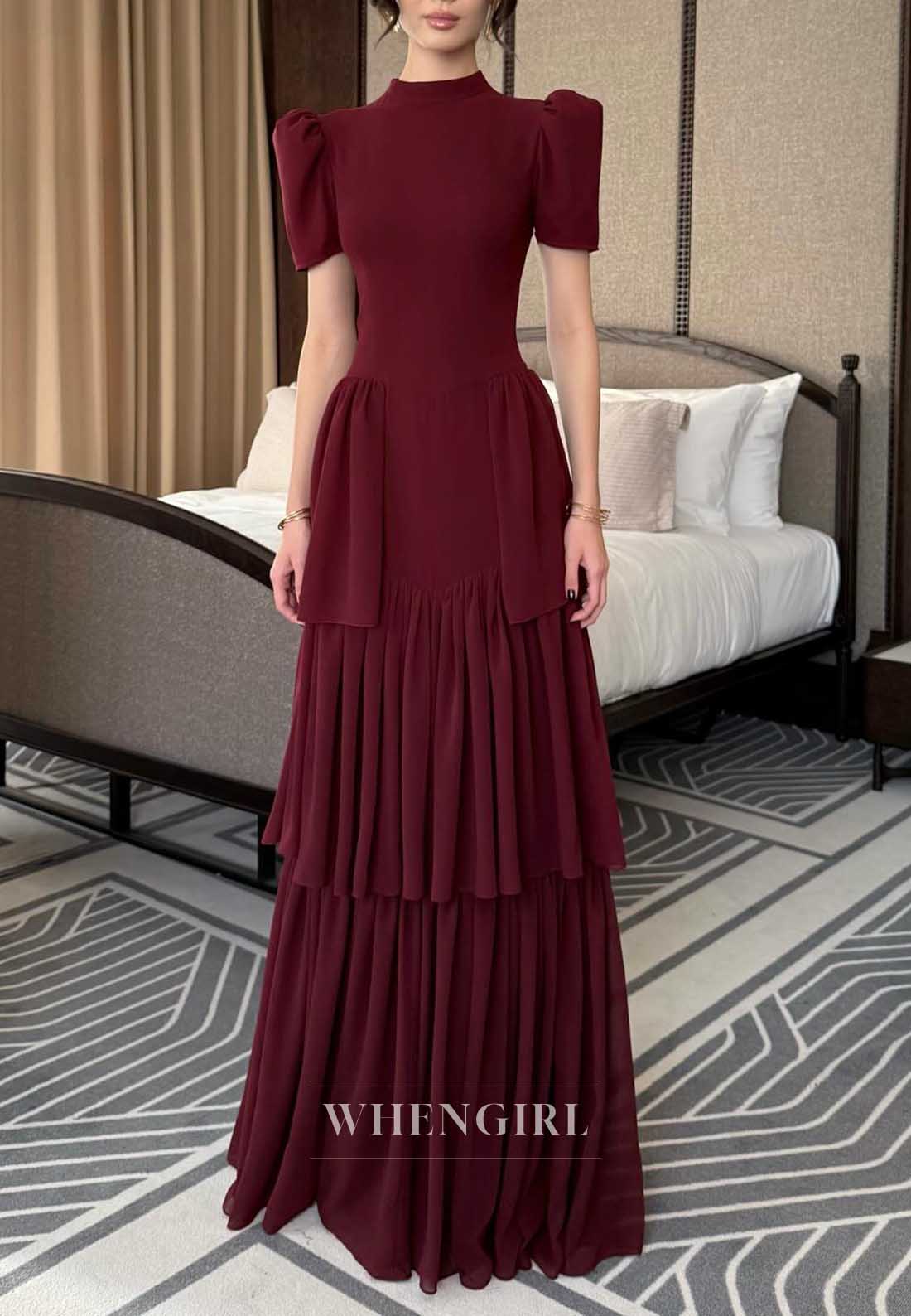 Burgundy Puff Sleeve High Neck Tiered Maxi Cocktail Dress