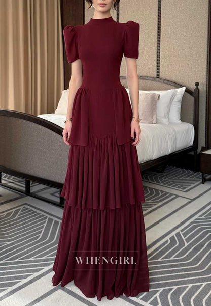 Burgundy Puff Sleeve High Neck Tiered Maxi Cocktail Dress
