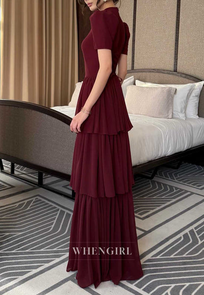 Burgundy Puff Sleeve High Neck Tiered Maxi Cocktail Dress