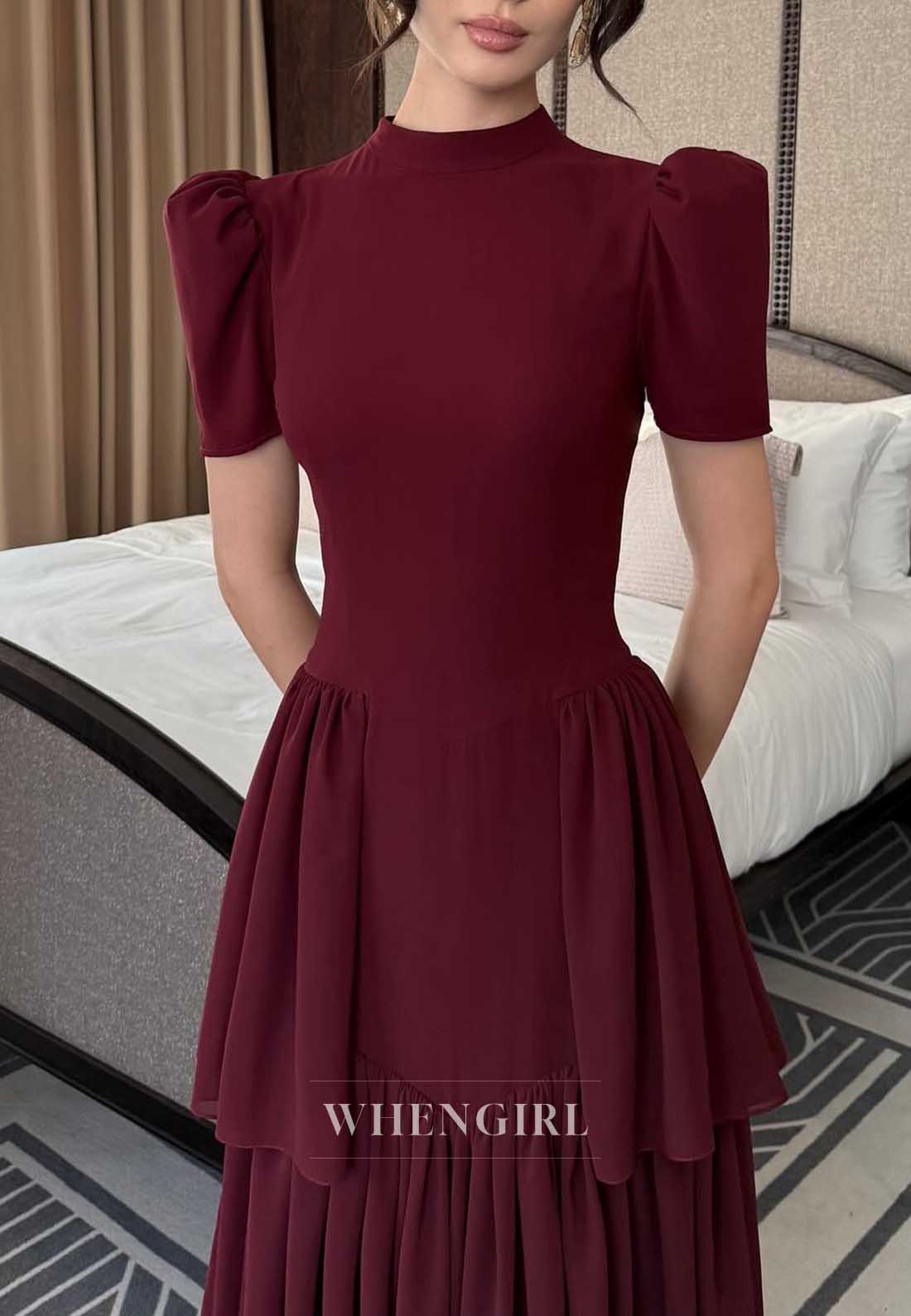 Burgundy Puff Sleeve High Neck Tiered Maxi Cocktail Dress