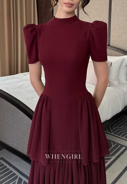 Burgundy Puff Sleeve High Neck Tiered Maxi Cocktail Dress