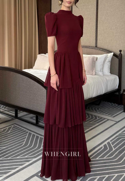 Burgundy Puff Sleeve High Neck Tiered Maxi Cocktail Dress