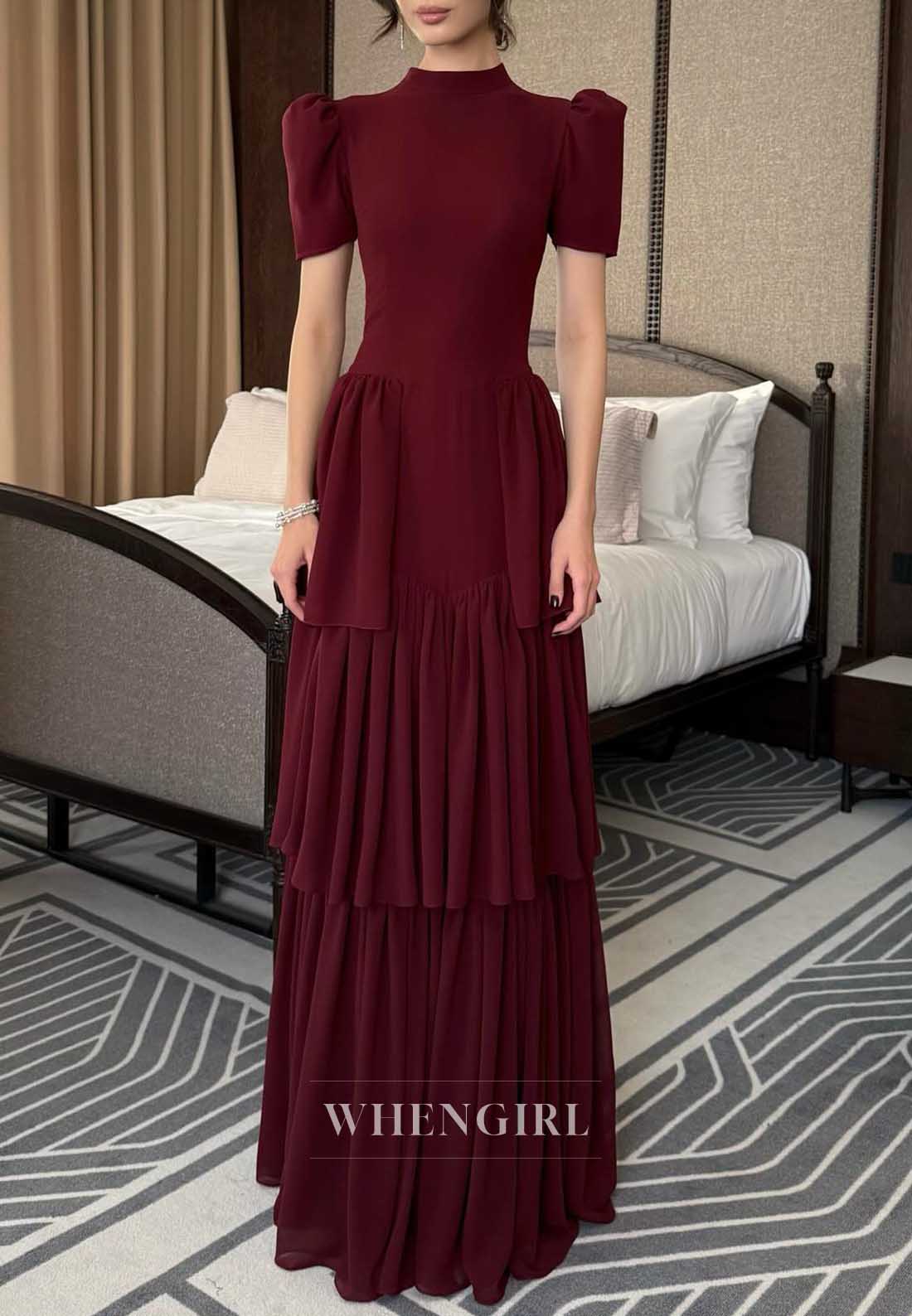 Burgundy Puff Sleeve High Neck Tiered Maxi Cocktail Dress